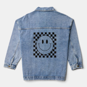 70s Yellow Smile Face Cute Chequered Smiling Happ Denim Jacket