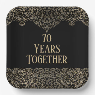 70th Anniversary Gold Lace On Black Paper Plate