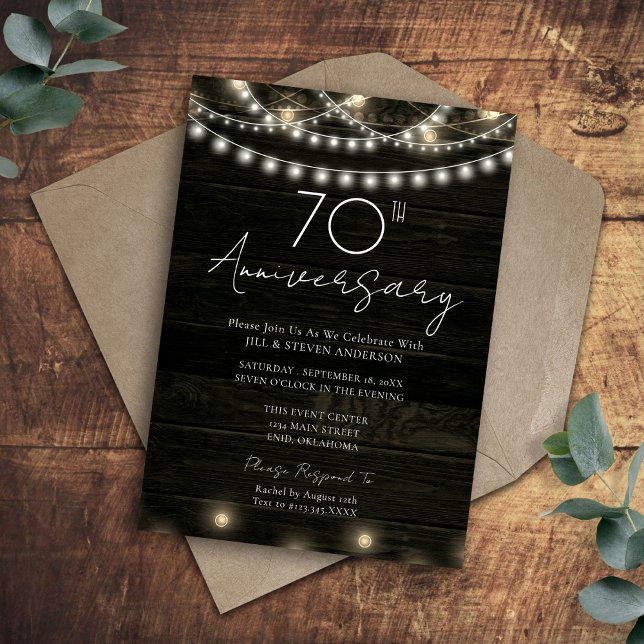 70th Anniversary Party Rustic Wood Lights Invitation (Creator Uploaded)