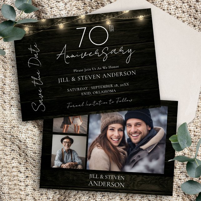 70th Anniversary Party Rustic Wood Lights Save The Date (Creator Uploaded)