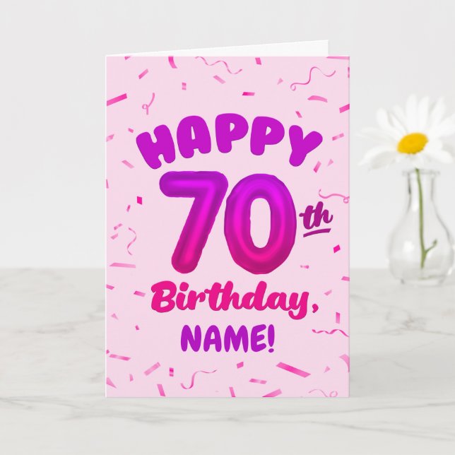 70th Balloon Number Custom Name Birthday Card (Small Plant)