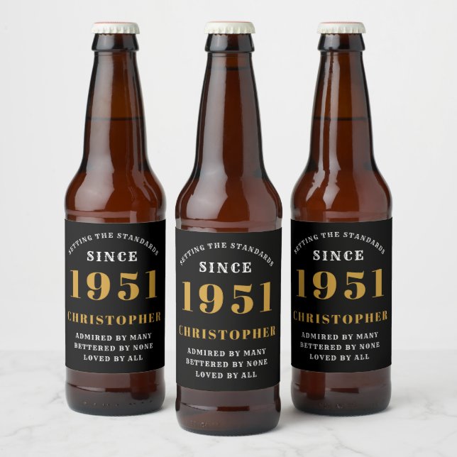 70th Birthday 1951 Black Gold Retro Personalised Beer Bottle Label (Bottles)