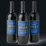 70th Birthday 1951 Blue Gold Retro Personalised Wine Label<br><div class="desc">A personalised classic label design for that birthday celebration for a special person born in 1951 and turning 70. Add the name to this vintage retro style blue, white and gold design for a custom 70th birthday gift. Easily edit the name and year with the template provided. A wonderful custom...</div>