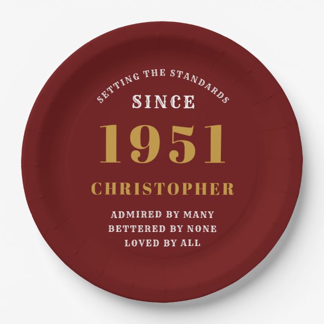 70th Birthday 1951 Red Gold Love Personalised Paper Plate (Front)