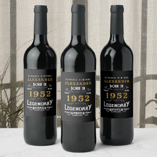 70th Birthday 1952 Add Name Vintage Black Gold Wine Label