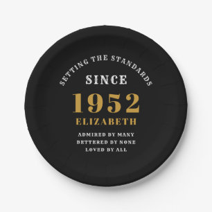 70th Birthday 1952 Elegant Chic Gold Black Paper Plate