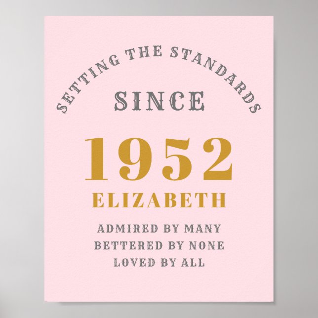 70th Birthday 1952 Elegant Pink Grey Gold Chic Poster (Front)