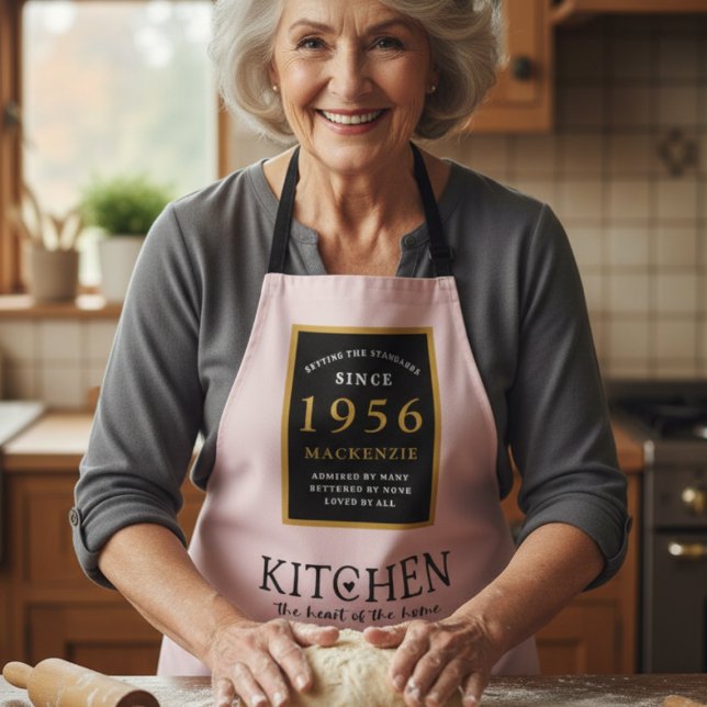 70th Birthday 1952 Name Elegant Black Gold Pink Apron (1956 pink apron worn by a woman in a kitchen baking)
