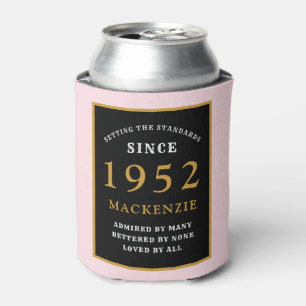 70th Birthday 1952 Name Elegant Black Gold Pink Can Cooler