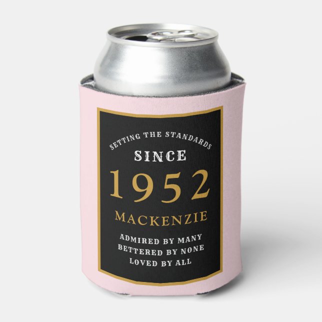 70th Birthday 1952 Name Elegant Black Gold Pink Can Cooler (Can Front)