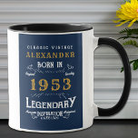 70th Birthday 1953 Add Name Vintage Blue Gold Mug<br><div class="desc">A personalised classic mug design for that birthday celebration. Add the name to this vintage retro style blue, white and gold design for a custom birthday gift. Easily edit the name and year with the template provided. A wonderful custom birthday gift. More gifts and party supplies for that party celebration...</div>