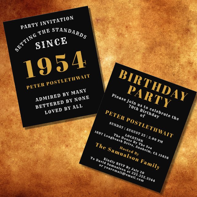 70th Birthday 1954 Black Gold Personalised For Him Flyer (Elegant Black and Gold 70th Birthday Invitation - Create Your Own Personalized Design.)