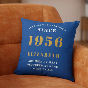 70th Birthday 1956 Add Name Blue Gold Personalized Cushion