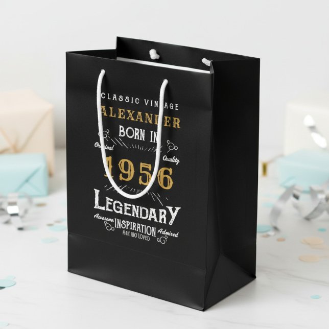 70th Birthday 1956 Add Name Legend Black Gold Medium Gift Bag (Born 1956 birthday gift bag. Background out of focus.)