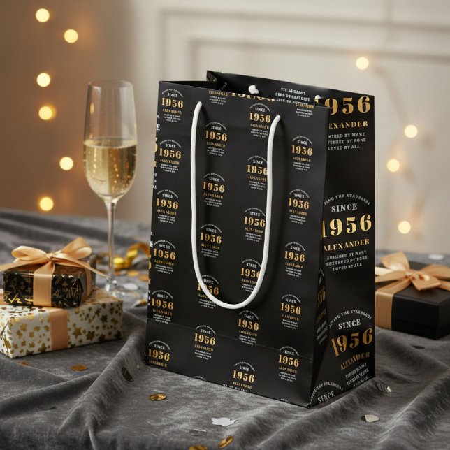 70th Birthday 1956 Black Gold Chic Elegant Medium Gift Bag (Born 1956 birthday gift bag. Background out of focus.)