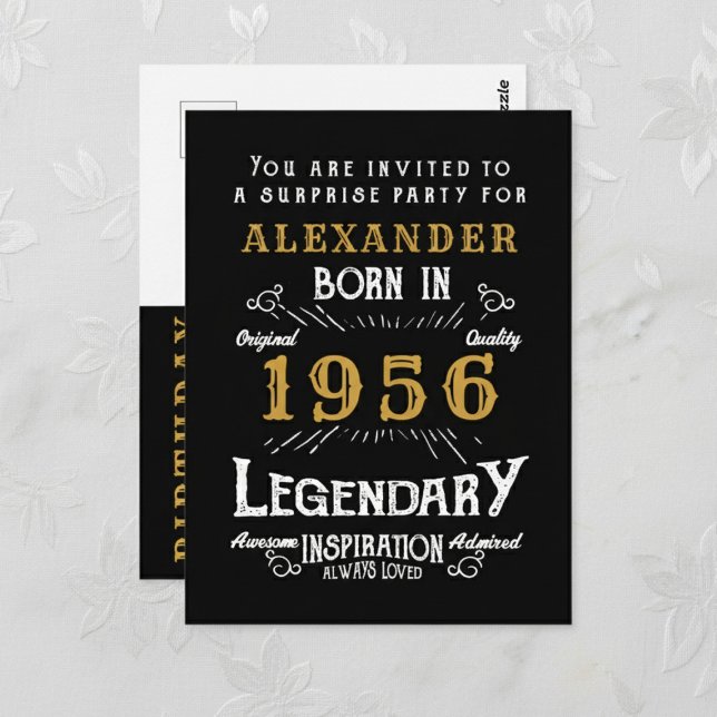 70th Birthday 1956 Black Gold Legend Invitation Postcard (1956 birthday invitation postcard. Background white lace.)