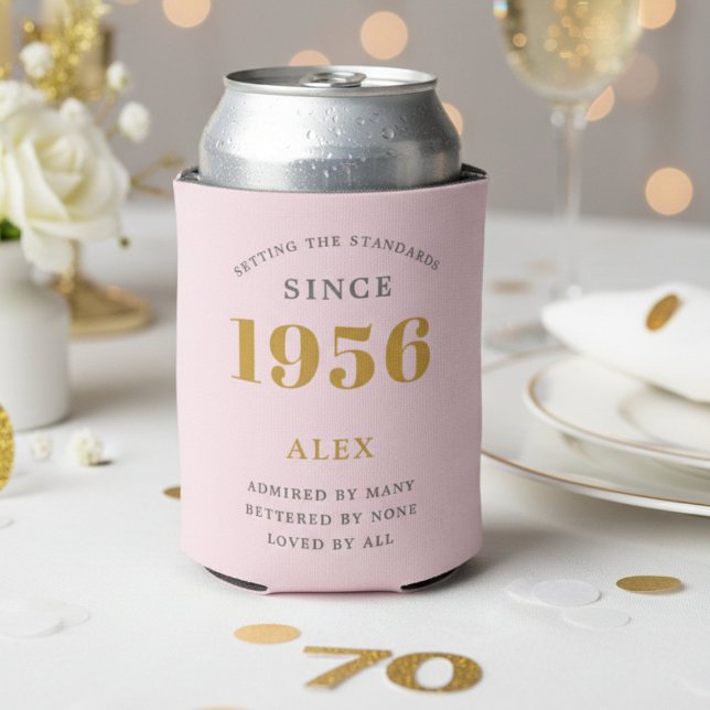 70th Birthday 1956 Keepsake Elegant Personalised Can Cooler (1956 pink can cooler with white background.)
