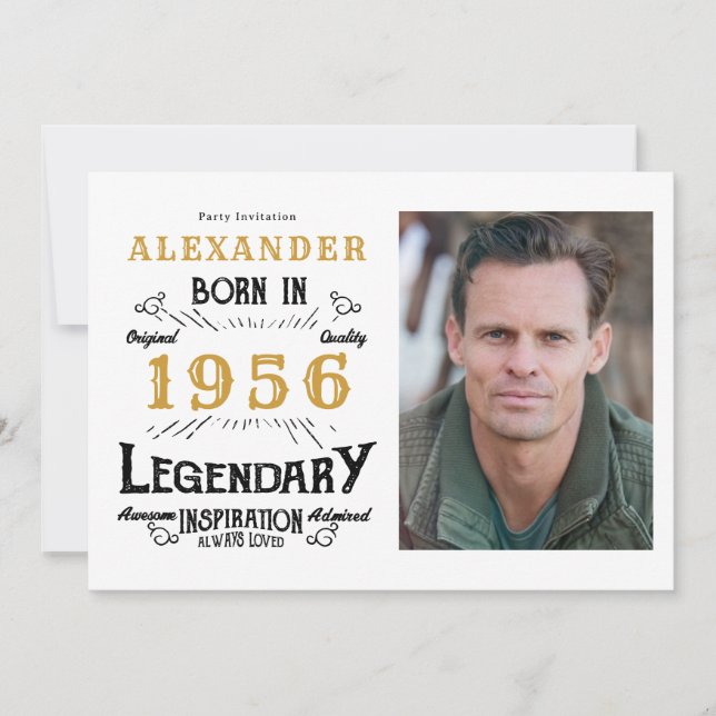 70th Birthday 1956 Legend White & Gold Photo Invitation (Front)