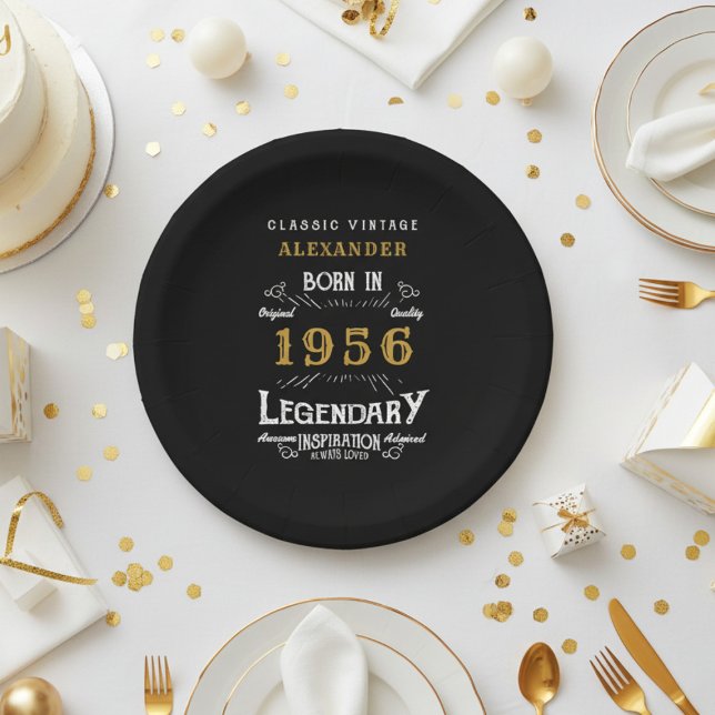 70th Birthday 1956 Legendary Retro Paper Plate (1956 black paper plate on  a white and gold background)