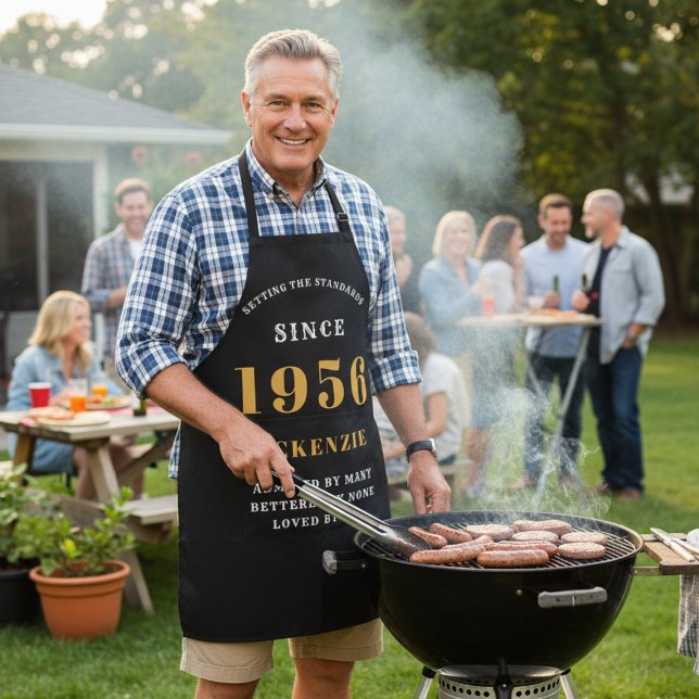 70th Birthday 1956 Name Chic Elegant Black Gold Apron (1956 Apron worn by a man at a BBQ)