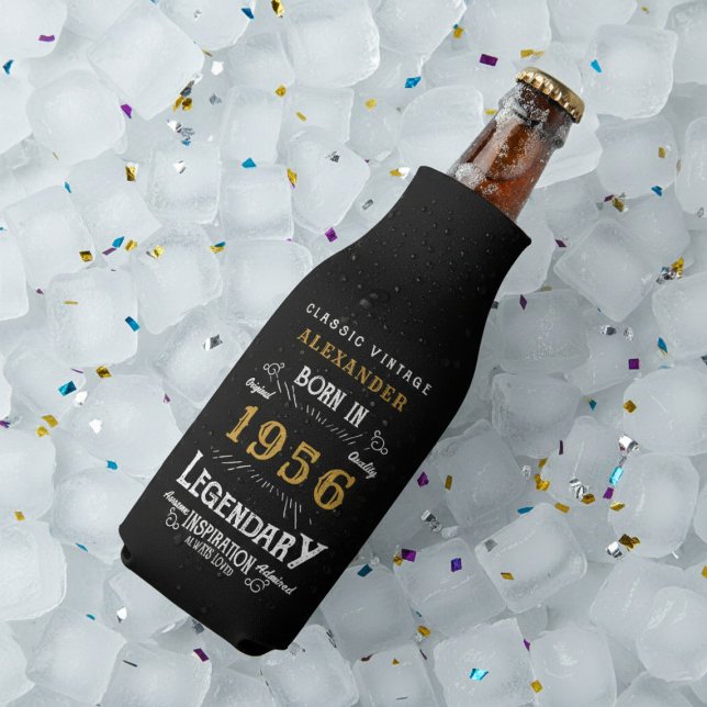70th Birthday 1956 Name Legend Chic Black Gold Bottle Cooler (Born 1956 bottle cooler on ice.)