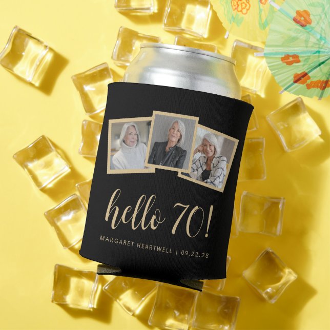 70th Birthday 3-Photo Black Gold Script Cheers Can Cooler (In Situ Summer)