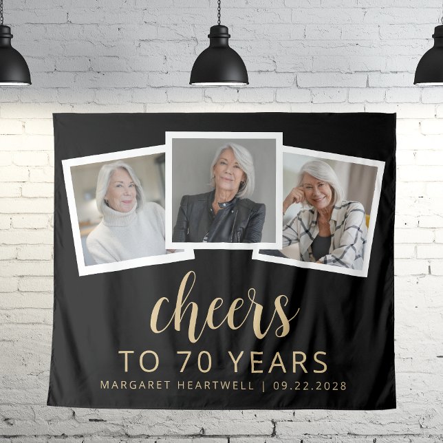 70th Birthday 3-Photo Gold Script Cheers Black Tapestry (Creator Uploaded)