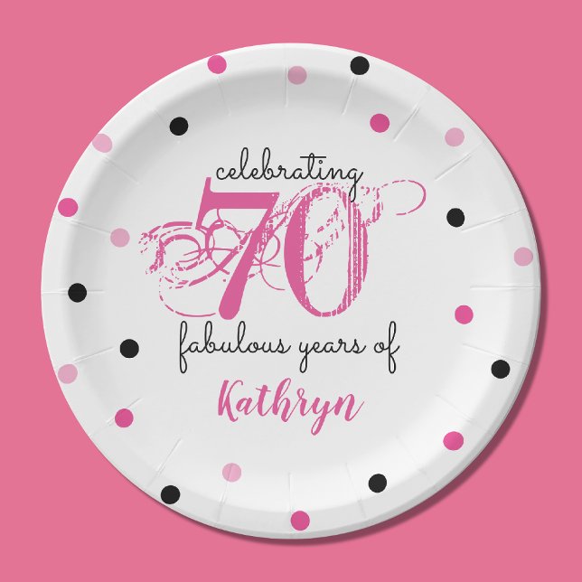 70th birthday 70 fabulous years Pink Add Name Paper Plate (Depiction of Front of Paper Plate)