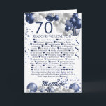 70th Birthday 70 Reasons We Love You Card<br><div class="desc">A gorgeous navy and silver balloon happy 70th (or any age) birthday card. This fabulous design is the perfect way to wish tell someone the 70 reasons you love them, and wish them a happy seventieth birthday (or change the age!) Personalise with our own custom name and message. Blue coloured...</div>