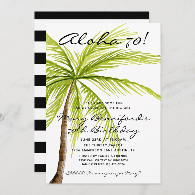 70th Birthday Adult Surprise Tropical Aloha Party Invitation (Front/Back)