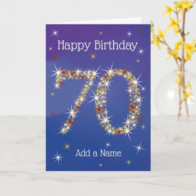 70th Birthday - Age 70 in Star Numbers - Blue Card (Yellow Flower)