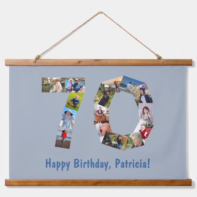70th Birthday Age 70 Number Photo Collage Blue  Hanging Tapestry (Front)