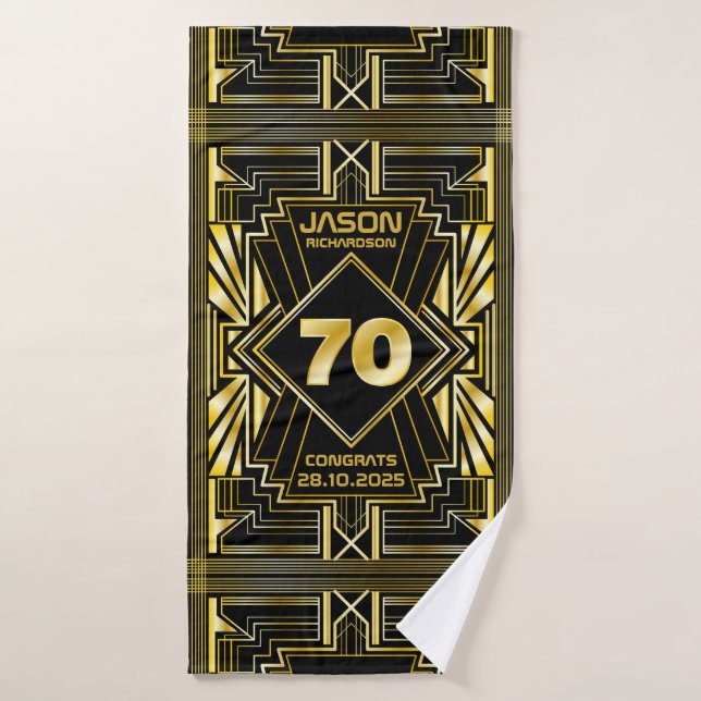 70th Birthday Art Deco Gold Black Great Gatsby Bath Towel (Bath Towel)