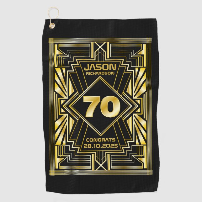 70th Birthday Art Deco Gold Black Great Gatsby Golf Towel (Front)