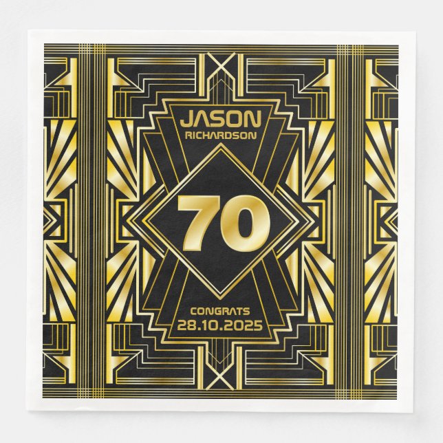 70th Birthday Art Deco Gold Black Great Gatsby Napkin (Front)