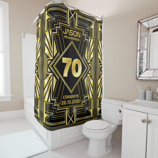 70th Birthday Art Deco Gold Black Great Gatsby Shower Curtain (In Situ)