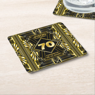 70th Birthday Art Deco Gold Black Great Gatsby Square Paper Coaster