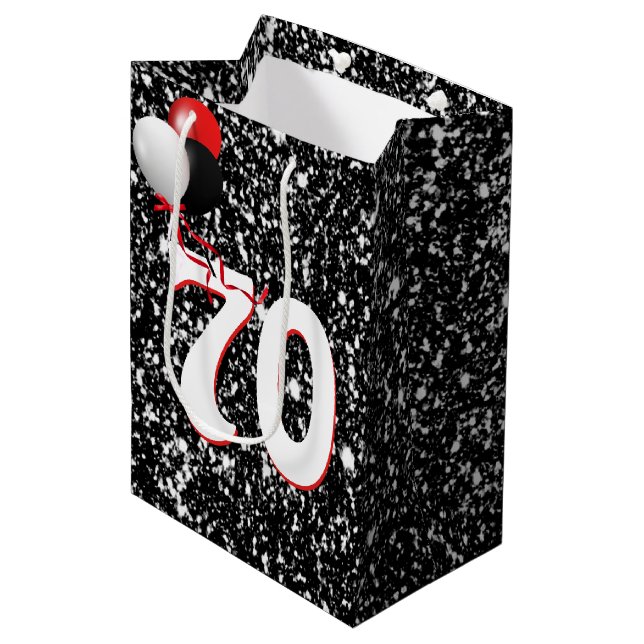 70th Birthday Balloons on Black Glitter  Medium Gift Bag (Front Angled)