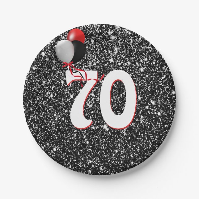 70th Birthday Balloons on Black Glitter Paper Plate (Front)