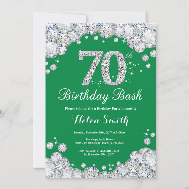 70th Birthday Bash Green and Silver Diamond Invitation (Front)