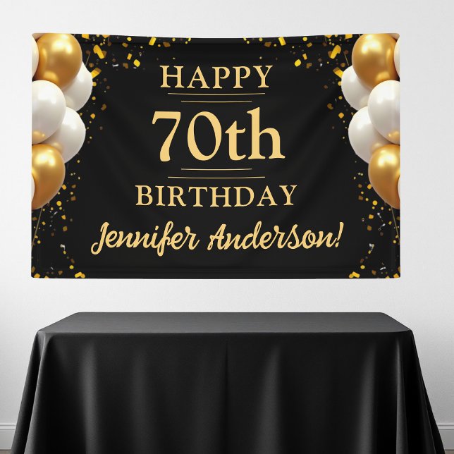 70th Birthday Black and Gold Celebration Banner (Creator Uploaded)