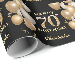 70th Birthday Black and Gold Glitter Balloons Wrapping Paper