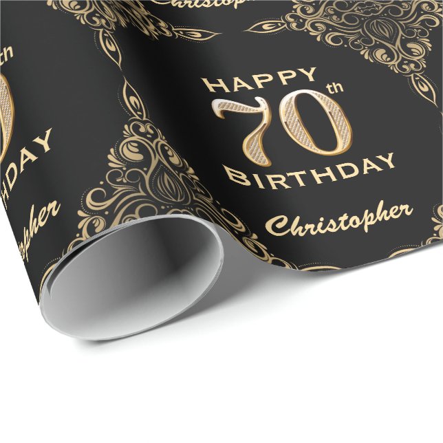 70th Birthday Black and Gold Glitter Frame Wrapping Paper (Roll Corner)