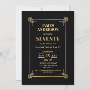 70th Birthday Black and Gold Party Invitation