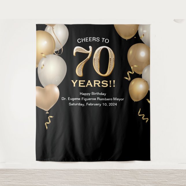 70th Birthday Black and Gold Photo Booth Backdrop Tapestry (Front)