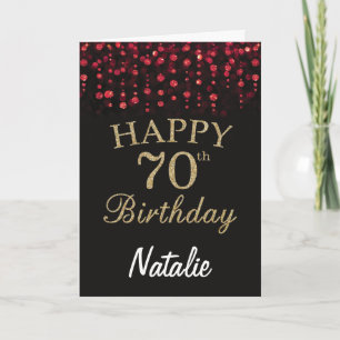 70th Birthday Black and Red Gold Glitter Card