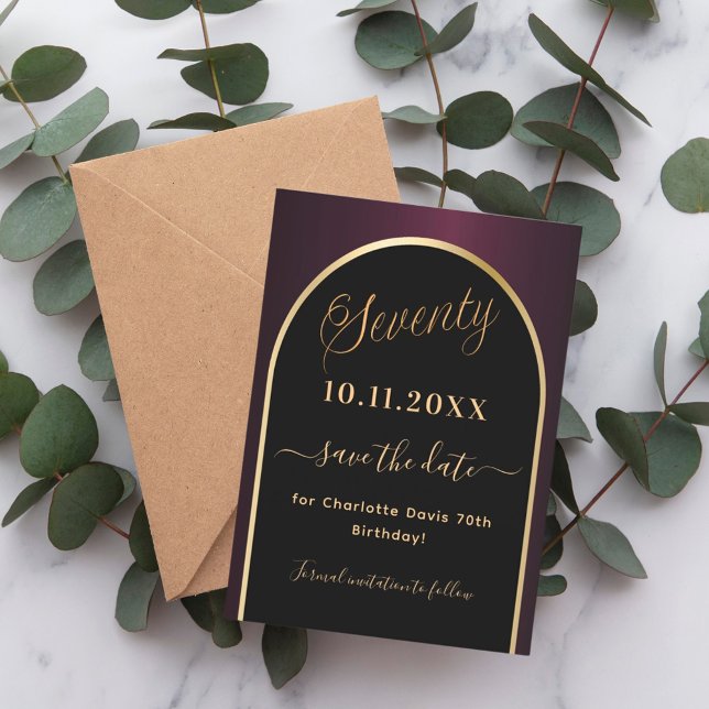 70th birthday black burgundy gold arch save the date (Creator Uploaded)