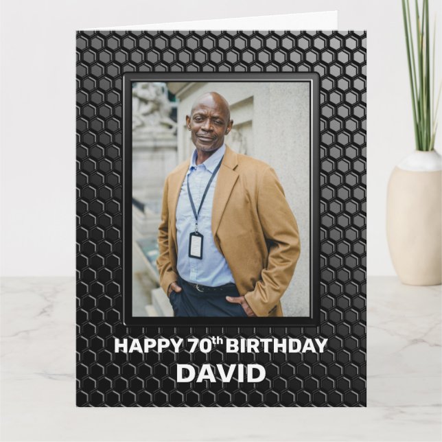70th Birthday Black Geometric Pattern Custom Photo Card (Front)