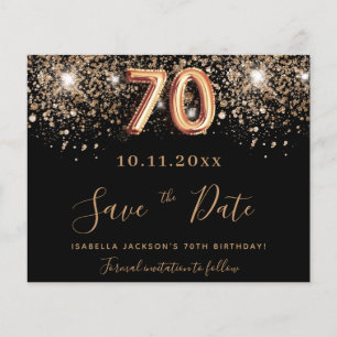 70th birthday black glitter budget save the date flyer