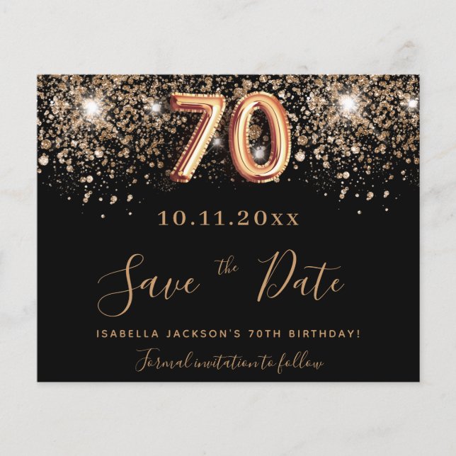 70th birthday black glitter budget save the date flyer (Front)